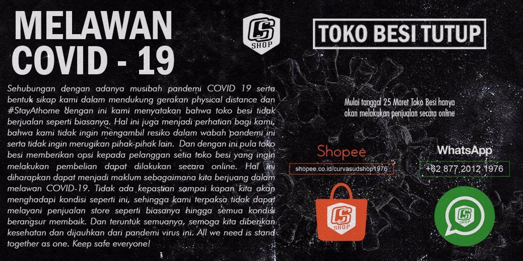 CS_SHOP1976's tweet image. Dalam rangka memutus rantai tali penyebaran Covid-19 (Virus Corona) dengan cara physical distance; maka untuk sementara waktu Toko Besi hanya akan melayani penjualan via Online Order sampai keadaan berangsur membaik. #KeepSafeEveryone #LawanCovid19