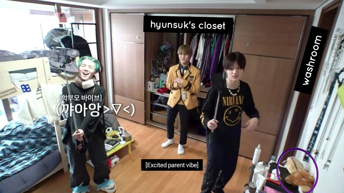 1) JAEHYUK & JEONGWOO 's room details:- big room- 2 doors: bedroom door, washroom door- treasured hyunsuk's closet- a lion case is spotted at two different times