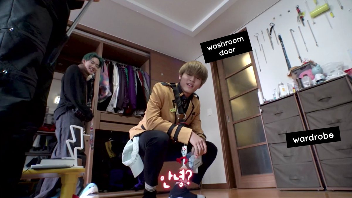 1) JAEHYUK & JEONGWOO 's room details:- big room- 2 doors: bedroom door, washroom door- treasured hyunsuk's closet- a lion case is spotted at two different times