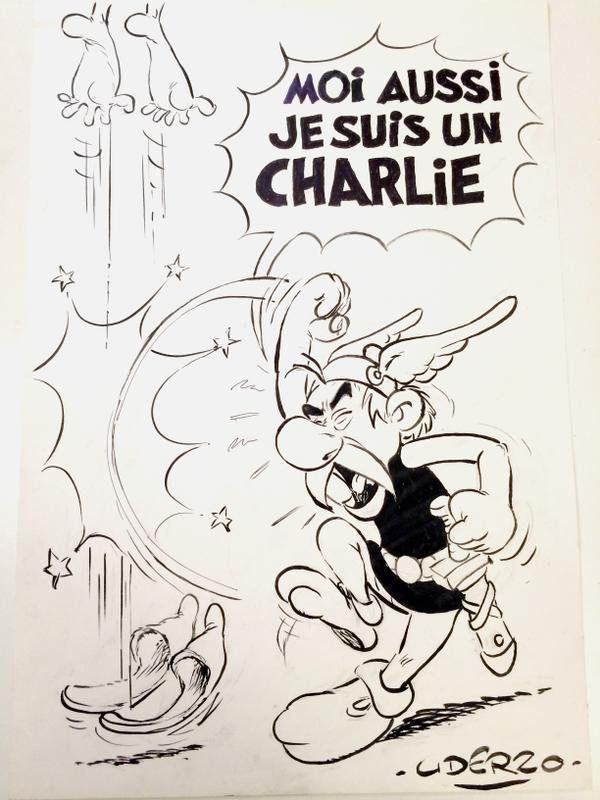 OlivierBitoun's tweet photo. #uderzo, le dessinateur d'#Asterix est mort aujourd'hui. Après le décès de #Goscinny, son scénariste, en 1977, Astérix et Obélix sont désormais orphelins. Voici un dessin qu'Uderzo avait offert à @Charlie_Hebdo après l'attentat de 2015. Le village gaulois résistera toujours. https://t.co/WPoIf1jxhf