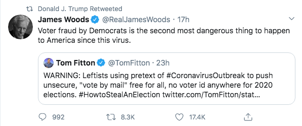 Trump this morning has retweeted James Woods yet again, this time twice. Woods has previously tweeted multiple screenshots of "Q" posts and pushed Pizzagate.