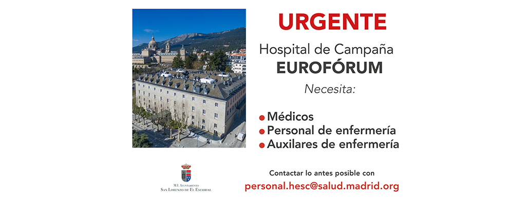 aytosanlorenzo's tweet photo. 🔴 URGENTE 🔴 
Se necesitan médicos, enfermeros y auxiliares de enfermería para el nuevo hospital de campaña habilitado en el Eurofórum Infantes.
➡️ Contactar urgentemente con: personal.hesc@salud.madrid.org
#COVID19 #empleo #Médicos #Enfermería #AuxiliarEnfermería https://t.co/YrPjw0AClY