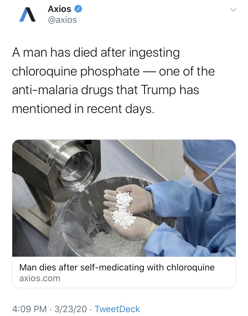 axios's tweet image. We have deleted this tweet and corrected our story because it did not reflect the full nature of the self-medication done with an additive commonly used to clean fish tanks. axios.com/chloroquine-co…