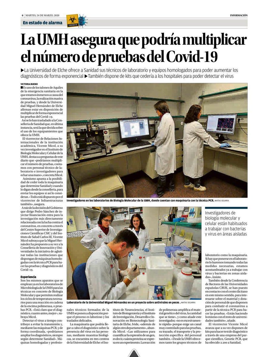 La <a href="/UniversidadMH/">UMH</a> ponemos a disposición de la <a href="/GVAsanitat/">GVA Sanitat</a> nuestros técnicos y equipos para realizar pruebas del #Coronavid19