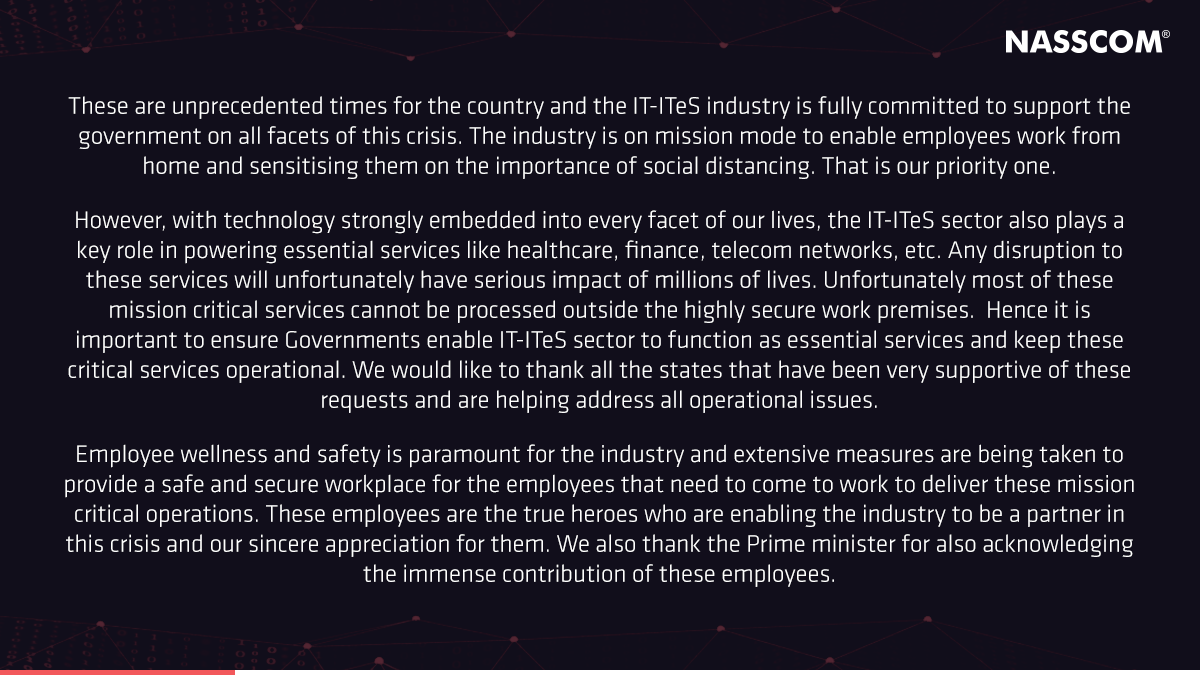 nasscom's tweet photo. This is a very difficult time for the world, India, industries, our employees and their families. Our industry is committed to support the government in addressing this crisis and do the best we can to look after our employees and their families.

#IndiaFightsCorona @rsprasad https://t.co/5B92VgJ7Zw