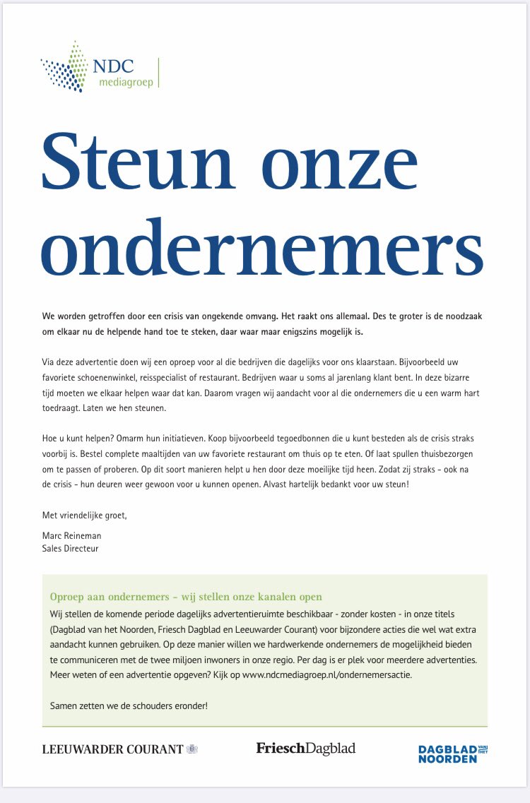 jongerde's tweet image. Vandaag in Dagblad van het Noorden een oproep om alle ondernemers te steunen!

Om dit te ondersteunen stellen wij dagelijks gratis ruimte beschikbaar in Dagblad van het Noorden, Friesch Dagblad en Leeuwarder Courant.

Kijk op ndcmediagroep.nl/ondernemersact…