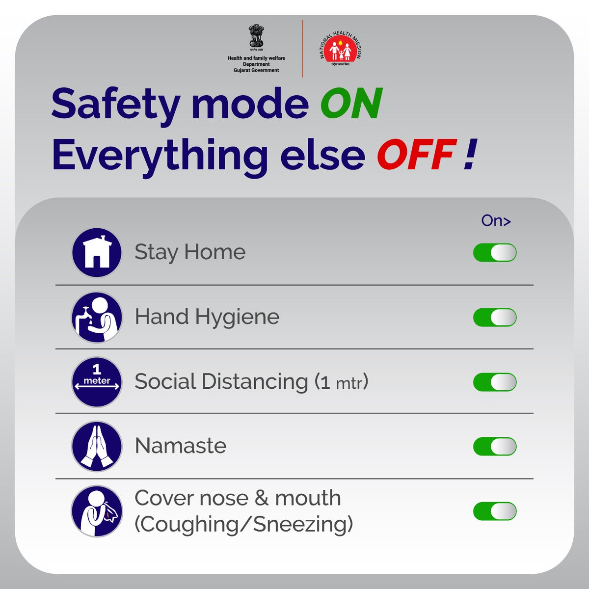 #CoronavirusLockdown 
Turn your safety mode ON, Everything else OFF!
#StayHomeStaySafe 
#HandHygiene 
#SocialDistancing 
#Namaste 
#mask 

<a href="/CMOGuj/">CMO Gujarat</a> <a href="/vijayrupanibjp/">Vijay Rupani Memorial</a> <a href="/Nitinbhai_Patel/">Nitin Patel</a> 
<a href="/PS_HFWD_GUJ/">Principal Secretary (Health & Family Welfare)</a> <a href="/PIBAhmedabad/">PIB in Gujarat 🇮🇳</a> <a href="/InfoGujarat/">Gujarat Information</a>