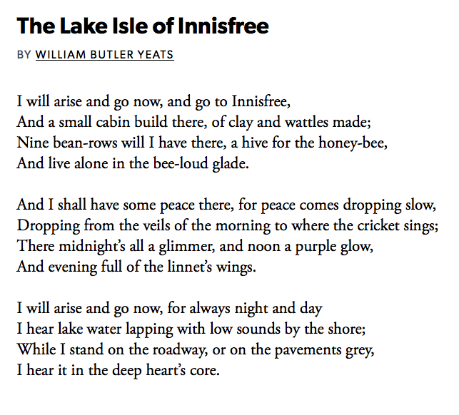 19 The Lake Isle Of Innisfree by W B Yeats, read by  @emmagafielding  https://soundcloud.com/user-115260978/19-the-lake-isle-of-innisfree-by-w-b-yeats