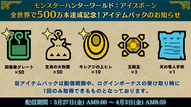 Mhwi 500万達成記念アイテムパック配信決定 アイテムトーナメントも開催中です モンハン攻略戦記