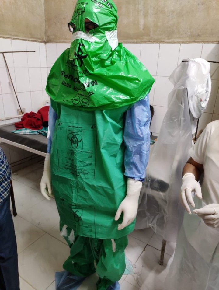 Medical professionals wearing bin bags to compensate for lack of PPE. (12/n)
