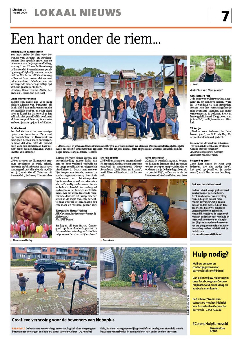 Vandaag in de krant weer een pagina 'Hart onder de riem', vol met mooie wensen en boodschappen #samensterk #coronacrisis #BarneveldseKrant
Jouw bijdrage in de krant? Mail barneveldsekrant@bdu.nl