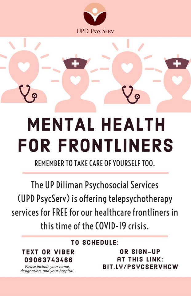 MovePH's tweet photo. @theMindNation Are you a healthcare worker?  

UPD PsycServ is offering telepsychotherapy services for free to the healthcare frontliners who need someone to talk to amid the #COVID19PH crisis. #InformPH 

READ: https://t.co/2mTvV2ZfwR https://t.co/15VGUVkllG