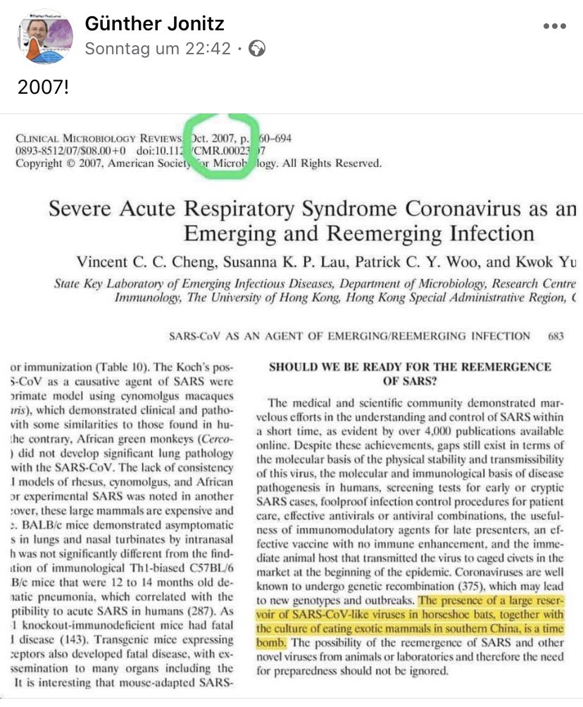 MirjamBauer's tweet photo. Danke @gjonitz für diesen Hinweis: Bereits 2007 sprechen die Verfasser dieses Essays von einer „tickenden Zeitbombe“ (ursprünglichers #SARSCoV Reservoir in Fledermäusen + die südchinesische Kultur, exotische Nagetiere zu essen)... 
Mir war diese Kultur nie ganz geheuer 😵 https://t.co/AzXP2R4irm