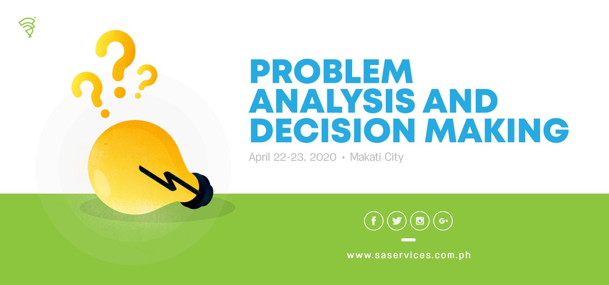 sas_mngt's tweet photo. Understand the principles of analysis tools and strengthen your decision-making capabilities.
Join us this 22-23 April 2020 in our Problem Analysis and Decision-Making virtual classroom. 
Call +63 (2) 7218-2070 or [Globe] +63 926-041-7929 to reserve seats.
#SAStig https://t.co/X9sIpchcpD