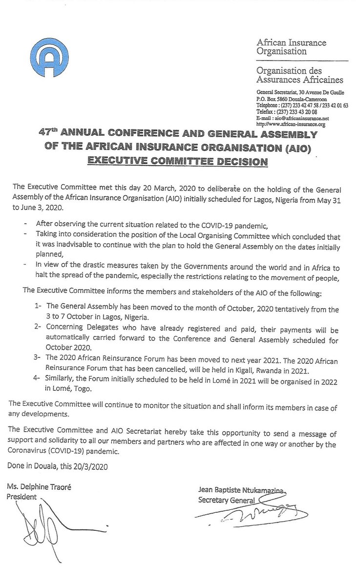 #COVIDー19 - The African Insurance Organisation #AIO has postponed its 47th Conference, initially scheduled for Lagos, Nigeria from May 31 - June 03 to October 03 - 07,  2020. 
african-insurance.org/aio-events/aio…