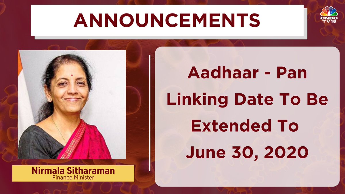 CNBCTV18Live's tweet photo. Aadhaar - pan linking date to be extended to June 30, 2020: Finance Minister #Breaking https://t.co/VriyuJVyFT