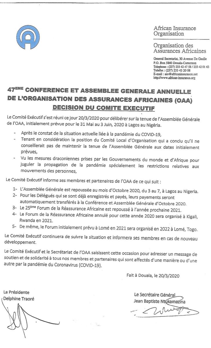 #COVIDー19  L'Organisation des Assurances Africaines #AIO a reporté sa 47e Conférence, initialement prévue à Lagos, au Nigeria, du 31 Mai au 03 Juin, au 03 au 07 Octobre 2020.
african-insurance.org/fr/aio-events/…