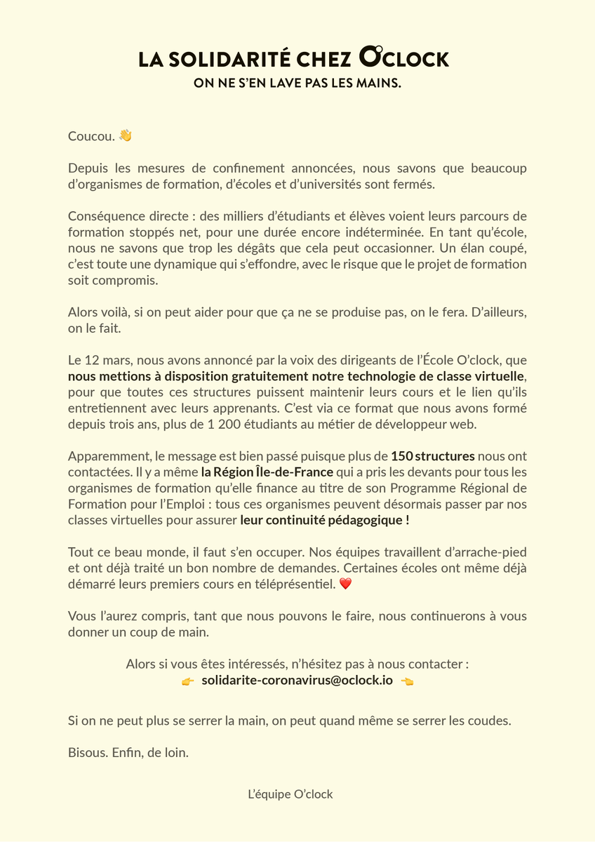 Oclock_io's tweet photo. [Annonce]

L'école O'clock se mobilise pour aider les écoles, organismes de formation et universités pendant la crise du Coronavirus ⤵️ https://t.co/vSxqJuId5a