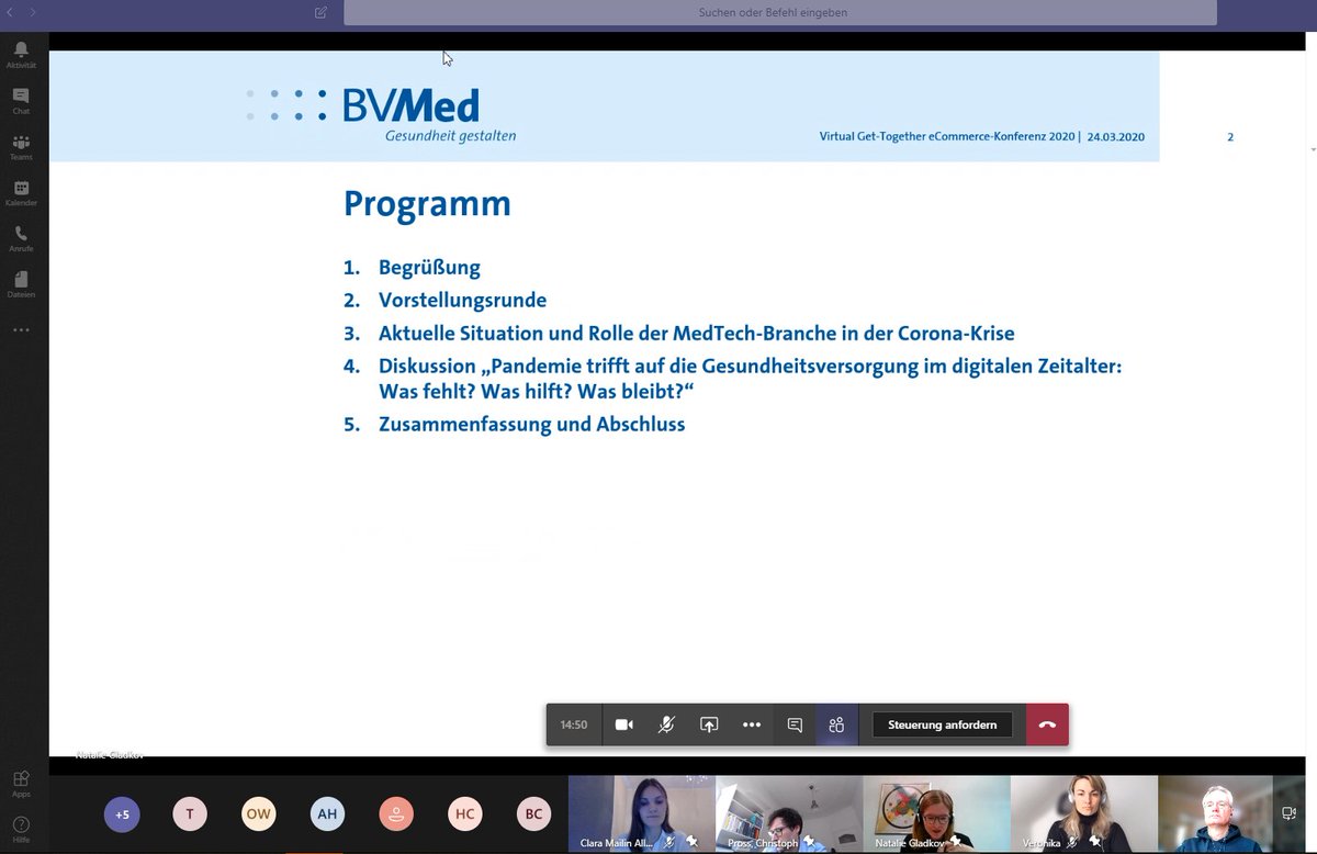 BVMed's tweet photo. Neue Arbeitswelten: die #eCommerce-Konferenz vom @BVMed unter der Moderation von @BVMed_Digital findet heute als Videokonferenz mit Microsoft Teams statt. Alle sind im HomeOffice - und gut vernetzt. #Digitalisierung #StayHome https://t.co/evzmvmIogR