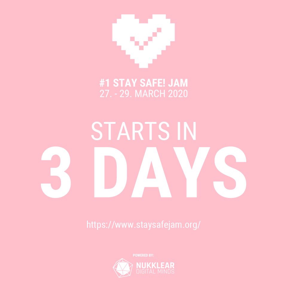 STAY SAFE! JAM (@staysafejam) on Twitter photo Only 3 days til Stay Safe! Jam begins, the perfect weekend to stay home and create a game! We're working hard to make this awesome. Follow and check our website staysafejam.org for news. 
#staysafejam #flattenthecurve #gamersvscovid19 #devsvscovid19 #staysafe  #stayhome Only 3 days til Stay Safe! Jam begins, the perfect weekend to stay home and create a game! We're working hard to make this awesome. Follow and check our website staysafejam.org for news. 
#staysafejam #flattenthecurve #gamersvscovid19 #devsvscovid19 #staysafe  #stayhome