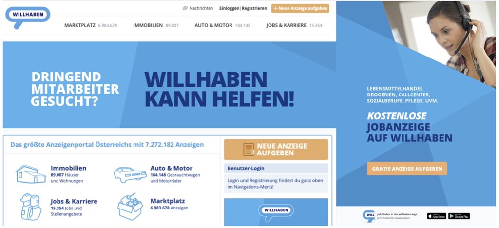 Adevinta's tweet photo. Our marketplaces are lending a helping hand in their communities while we #stayathome. In Austria, @willhaben is waiving fees for posting job ads. Employers can post ads for free to find the vital workers needed to keep the system runnining. #adevintalife #Covid19 https://t.co/vsIGO2v2rl