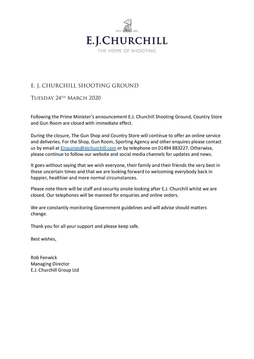 Following the Prime Minister’s announcement E.J. Churchill Shooting Ground, Country Store and Gun Room are closed with immediate effect. You can still visit our online shop shop.ejchurchill.com and thank you for all your support and please keep safe! #ejchurchill