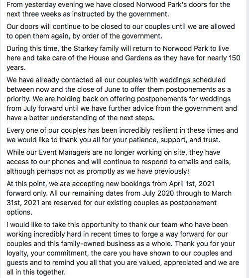From yesterday evening, we have closed Norwood Park's doors for the next three weeks as instructed to by the government.