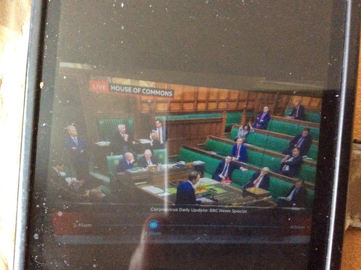 robertfisher54's tweet photo. @piersmorgan all MPs observing distance of 2 meters, however look at the two sitting in front of the speaker https://t.co/65RPFKSuvu
