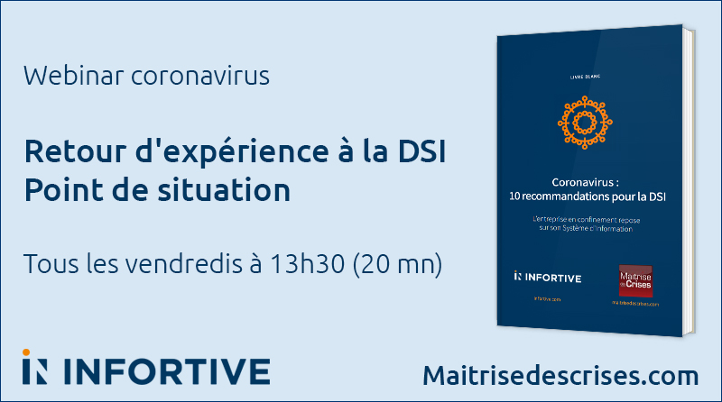 hbebin's tweet image. Coronavirus : point de situation du vendredi pour les DSI. On met l'accent sur la sécurité. Vendredi 27 mars 13.30 
bit.ly/2QpdLcy   #coronavirus #codiv19