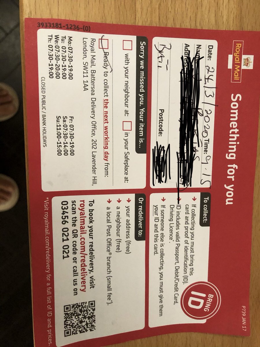 BektasJ's tweet photo. ⁦@RoyalMail⁩ why? At home, no one knocked, rang door bell. The nations is/must be at home! I am at home. Why risk us going out to collect? ⁦@piersmorgan⁩ trust you will ask and get answers. Thanks #StayAtHomeSaveLives https://t.co/qbxl3yzPyu