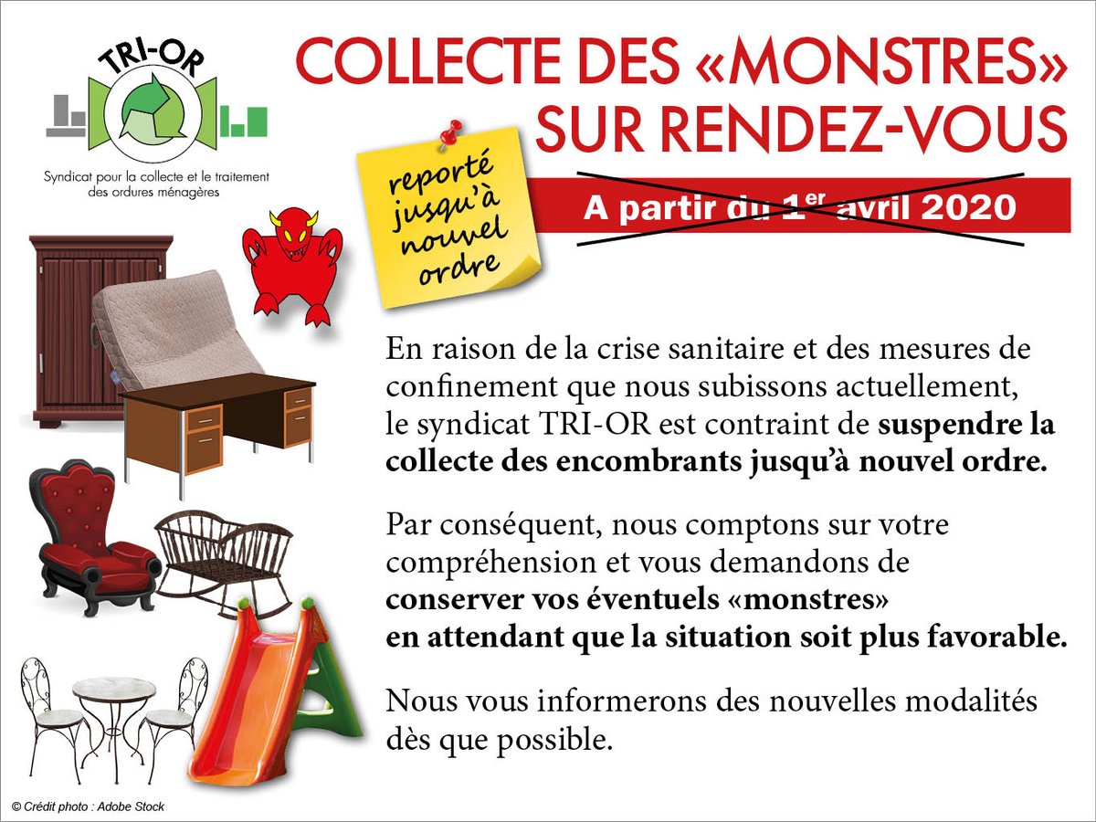 🚮 Dans le cadre des mesures de confinement et afin de limiter les risques de propagation du virus, le Syndicat Tri-Or a pris la décision de suspendre la collecte des encombrants à compter du vendredi 27 mars et jusqu’à nouvel ordre.