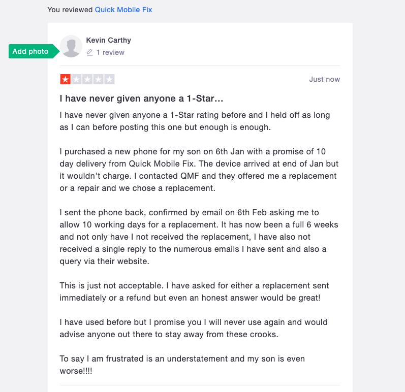 kevin_carthy's tweet photo. Hi @conor_pope I purchased a phone from #QuickMobileFix It was faulty so returned it as agreed with them and now they will not respond to emails to tell me where my phone is. QMF are a UK based company.
Any suggestions for my next step would be great Conor.
Thanks! https://t.co/nypqMerA5l