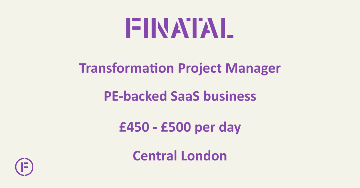 Finatal_'s tweet photo. Transformation Project Manager, PE-backed SaaS business, £450 - £500 per day, Central London. Visit https://t.co/oxALhi1gVF to find out more or get in touch with Clara Tate at clara.tate@finatal.com to discuss this role further. 

#privateequity #saas #projectmanagement https://t.co/PYOwI3N0nI