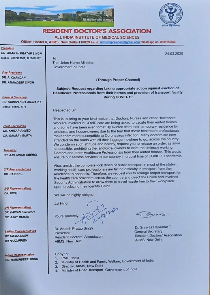 Horrible. #AIIMS resident doctor’s association writes to Home Minister <a href="/AmitShah/">Amit Shah</a> after harassment and forceful eviction of healthcare professionals and doctors from temporary residence or rented houses. Many doctors stranded on roads. Hope such eviction is banned for now asap.