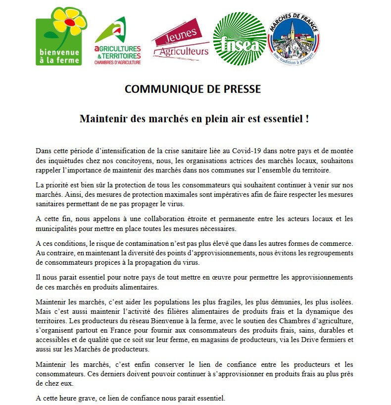 ChambagriFrance's tweet photo. [Presse] #Covid_19fr  Maintenir des marchés en plein air essentiel pour:
➡️aider les populations les + isolées
➡️maintenir l’activité des filières alimentaires de produits frais et la dynamique des territoires
➡️conserver la confiance des consommateurs. 👉
https://t.co/ftlgFTMDby https://t.co/n8rPpMGVQs