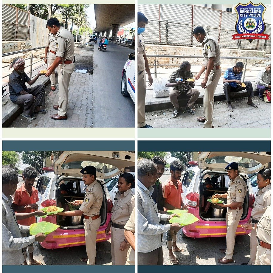 BlrCityPolice's tweet photo. Crackdown on criminals, or be compassionate? We can do both. While the city is on a lockdown owing to recent events, we are doing our bit. #Janasnehipolice   #ArrestCorona https://t.co/rcDXZedWZC