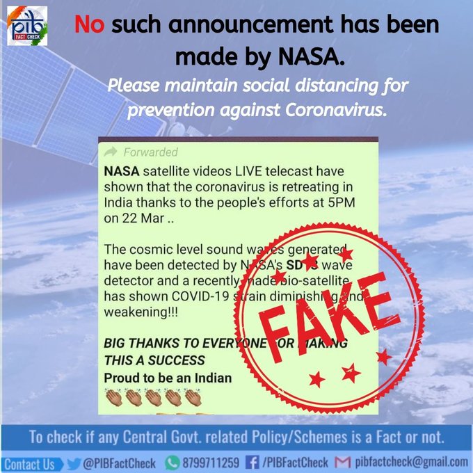 A stamp of fake news on a WhatsApp message claiming NASA satellite has telecasted a live video of coronavirus infection retreating and weakening in India.