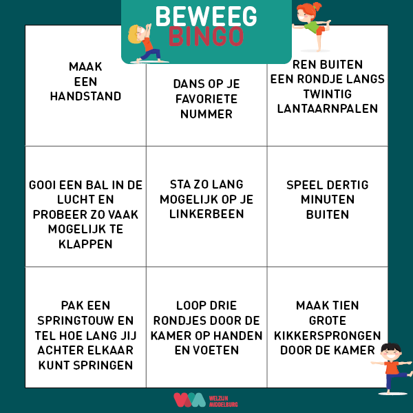 De hele dag op je kont gezeten?
Samen Actief wil kinderen en hun ouders thuis in beweging krijgen. Elke dag bieden zij een beweeg challenge aan via de social media van Samen Actief.
Je kan ze vinden via Instagram en Facebook. Maar iedereen is natuurlijk welkom om mee te bewegen!
