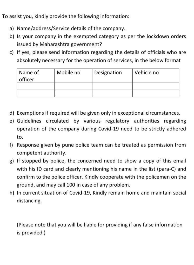 पुणे शहर पोलीस (@punecitypolice) on Twitter photo Companies/industries who have been exempted under lockdown orders please email for digital permits on - Punecitypolice.grievance@gmail.com , in the attached format.
Thank you for cooperating Pune! #CoronaInMaharashtra #Corona #OnGuardAgainstCorona Companies/industries who have been exempted under lockdown orders please email for digital permits on - Punecitypolice.grievance@gmail.com , in the attached format.
Thank you for cooperating Pune! #CoronaInMaharashtra #Corona #OnGuardAgainstCorona