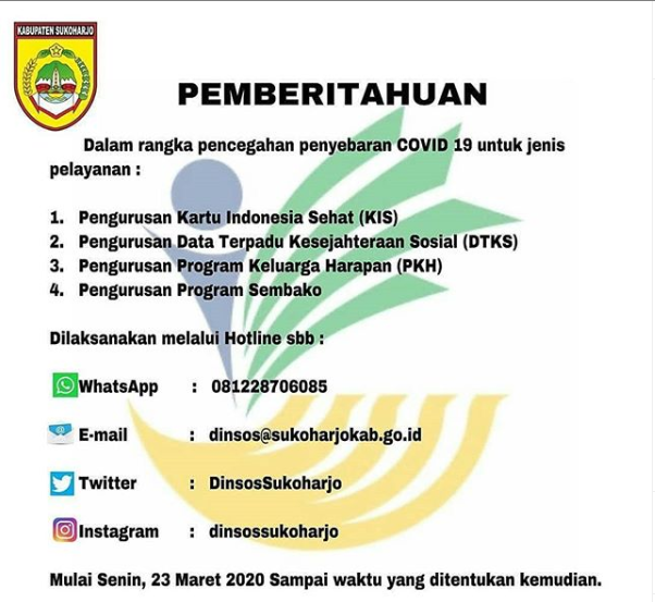 ppid_sukoharjo's tweet photo. Mulai Senin 23 Maret 2020 pengurusan KIS, DTKS, PKH dan program sembako bisa melalui hotline diatas. Info lebih lanjut bisa menghubungi @DinsosSukoharjo
@ganjarpranowo
@provjateng
@kominfo_jtg
@ppid_jateng
#ppidskh https://t.co/8hZ9tn3Sxd