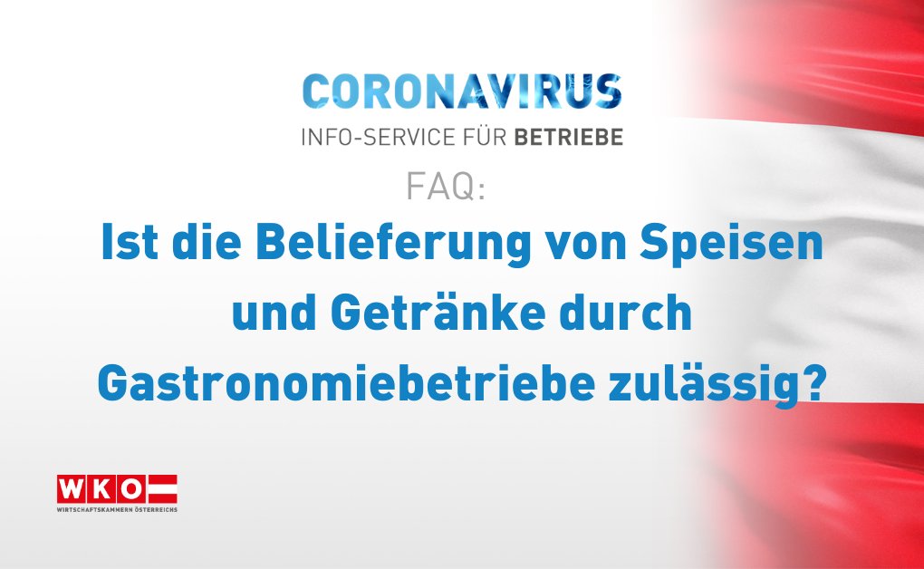 📲 #Corona #FAQ 3/3: Dürfen Gastronomiebetriebe Speisen🍕 und Getränke🥤 ausliefern? 💡Antwort: Ja, #Lieferservice ist zulässig. Weiter Infos dazu findest du hier ➤ bit.ly/2y2oof3   #flattenthecurve