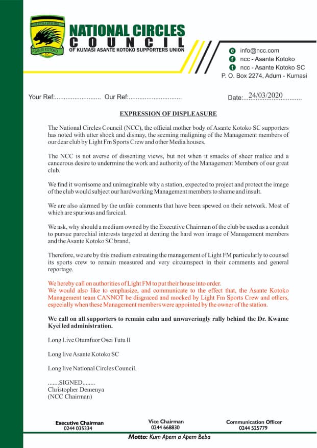 NCCKotoko's tweet photo. Press release! Expression of displeasure 👇👇👇
"The NCC is not averse of dissenting views, but not when it smacks of sheer malice and a cancerous desire to undermine the work and authority of the Management Members of our great club".
#StaySafeStayHome #CirclesDevelopment https://t.co/cOJHvuoEmR