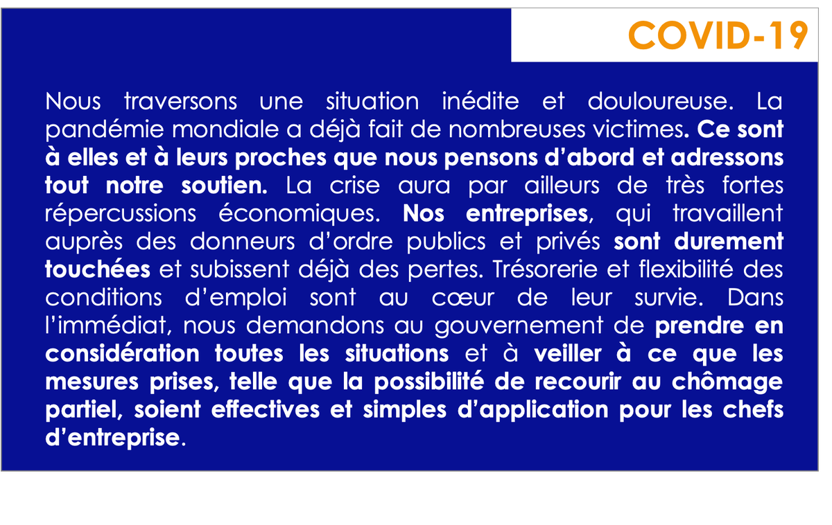 #COVIDー19 
Les #entreprises d'#ingénierie expriment leur #solidarité envers la nation et le corps #médical.
Nos entreprises sont aussi touchées.

📌#Trésorerie et #flexibilité des conditions d'#emploi sont au cœur de leur survie. 
#chomagepartiel 
▶️syntec-ingenierie.fr/wp-content/upl…