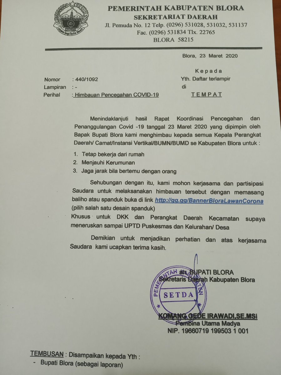 ProkompimBlora's tweet photo. HIMBAUAN PENCEGAHAN VIRUS CORONA ATAU COVID-19
untuk seluruh Dinas/OPD, Camat, Instansi Vertikal, Perbankan, & BUMD se Kabupaten Blora
#Blora #BloraLawanCorona #ProkompimBlora #SetdaBlora #PemkabBlora #BloraMustika #BloraSehat #JatengGayeng #JatengLawanCorona #IndonesiaMaju https://t.co/3EyCGfGXum