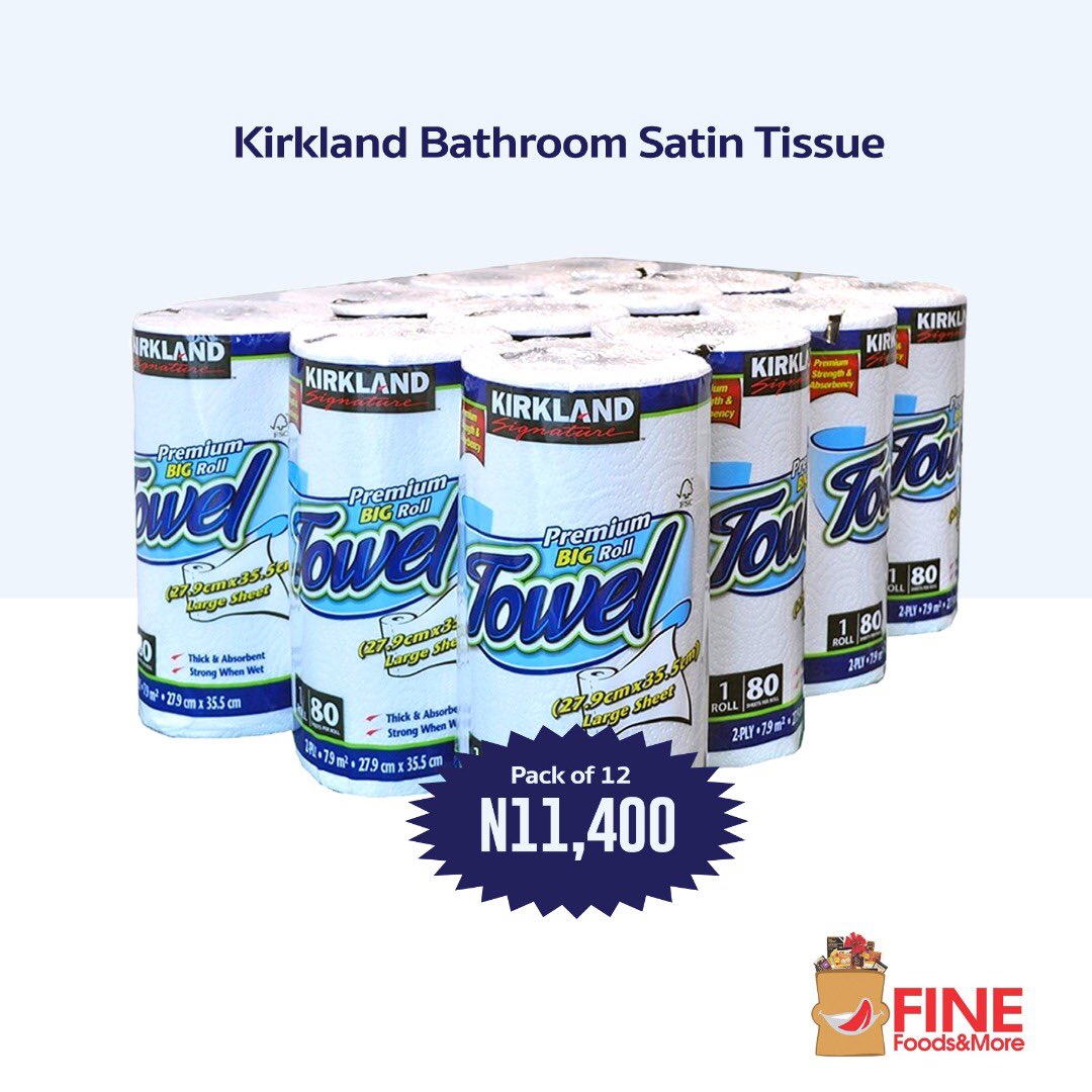 Shop our Kirkland Bathroom Tissue at N950 for a roll, and N14,400 for the pack of 12

#bathroomsupplies #onlineshopping #lagosshopper #lekkiwives #lekkibabes #lekkihomes #homedecor #FineFoodsandMore