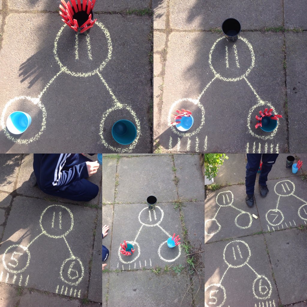 MrsClayMB's tweet photo. You need: 11 pegs, 1 big cup, 2 small cups, chalk. Clip all the pegs on the big cup. Now move some pegs onto one cup and some onto the other. How many ways can you do it? #backyardmaths #outdoorlearning #partpartwhole @MertonBankP @NWmathshub3 https://t.co/1eQy4PA3EW