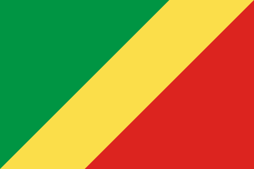 Congo (Republic of). 6/10. Pan-African colours cut in diagonal fashion. Adopted in 1959 replacing French tri-colour. Changed in 1970 and readopted in '91. Yellow represents the friendliness of the Congolese people, green, the riches of the forests. No official explanation for red