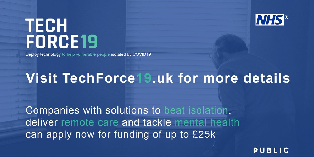 INNOVATORS - do you have a tech solution that can help combat the effects of social isolation? @NHSX has funding available through the Techforce19 challenge. Apply now for up to £25k. bit.ly/3bqafXI #COVID19