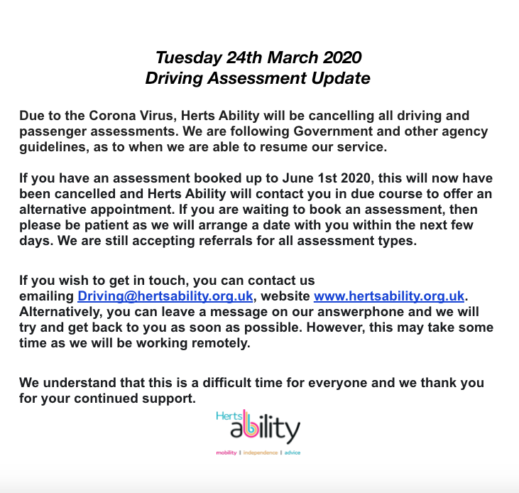 Important Driving Assessment update for all our clients and customers👇

#HertsAbility #Hertfordshire #DrivingCentre 
#DrivingMobility #Covid19 #CoronavirusUK