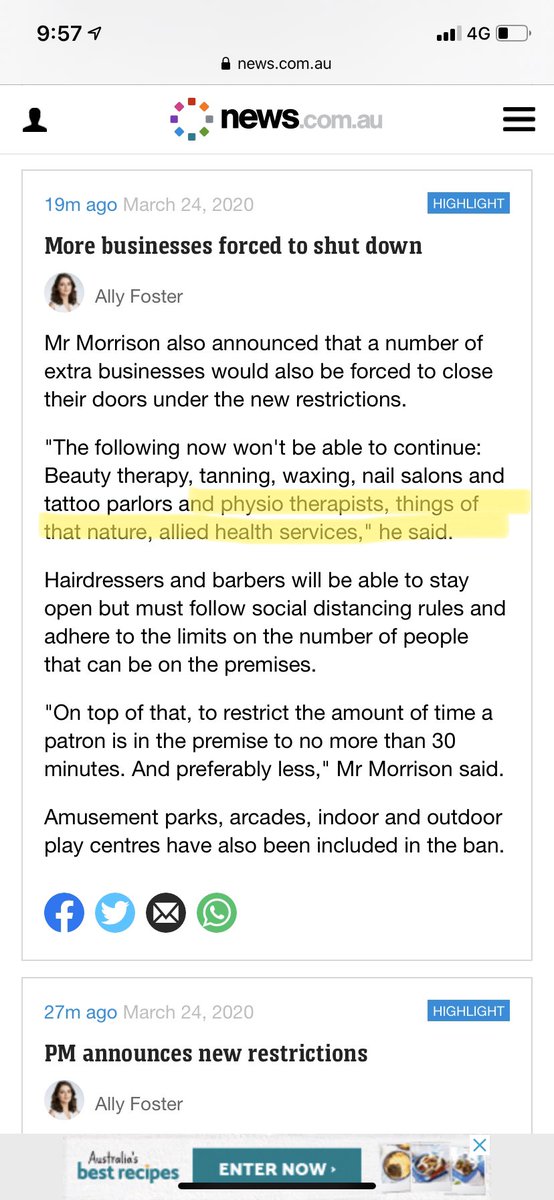 Sl8s24's tweet image. Absolutely shocking journalism by @allyjfoster here. Physiotherapists/allied health services are NOT closed. Please listen more carefully. Very harmful to our industry